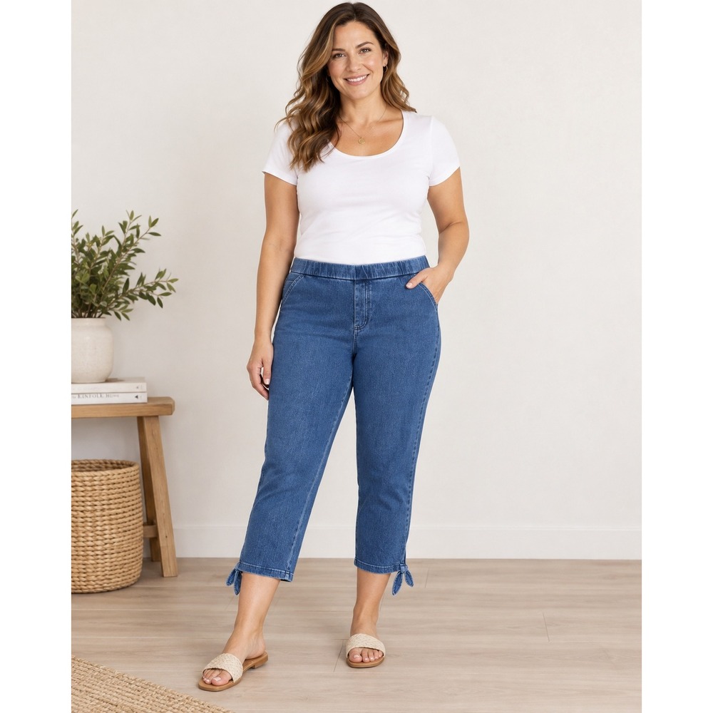 P87. Isaac Mizrahi Live Womens Blue Denim Pull On Crop Pants Tie Hem Size 18W
